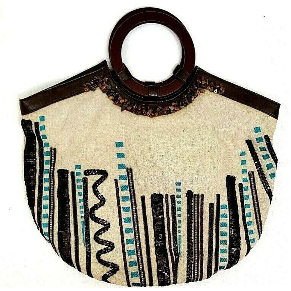 Chicos Womens Purse Beaded Embroidery Sequin Bag Wood Handles Tan Blue